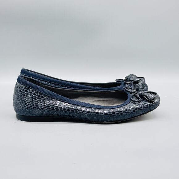 Stuart Weitzman Shoes Womens 6 Blue Ballet Flats Tulip Bow Tassel Snake Embossed - Picture 1 of 13